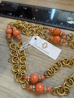 Loren Hope Gold-Tone Necklace with Coral Beads and Rhinestone Accents